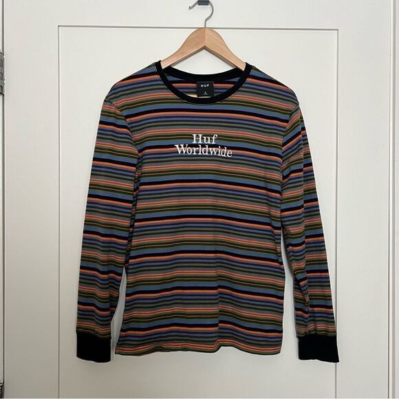 HUF Shirt Mens Small Striped Long Sleeve Pullover Worldwide Logo Embroidered - Picture 1 of 13